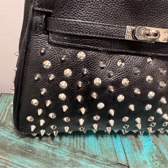 Melrose Glam Birken Style Black Leather Handbag Silver Stud Embellishments - Picture 3 of 16